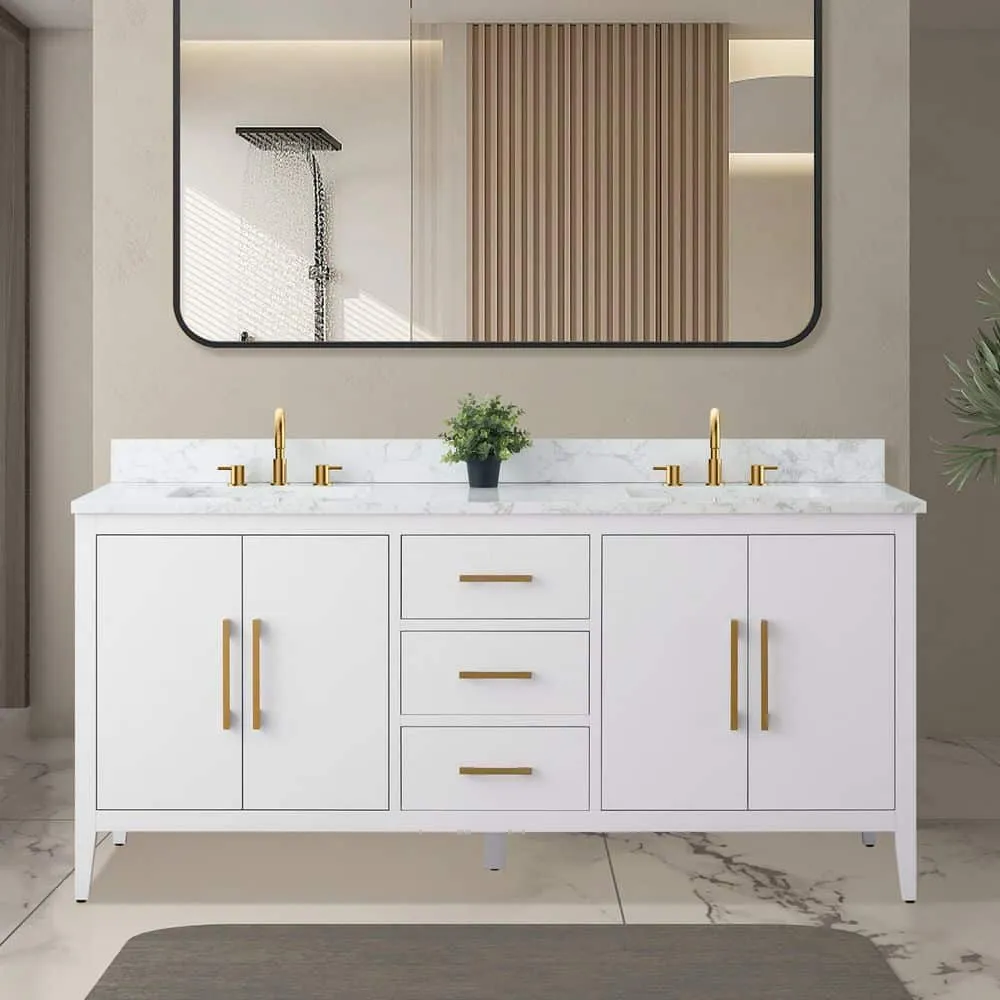 Vanity Art 72 in. W x 22 in. D x 34 in. H Double Sink Bathroom Vanity Cabinet in White with Engineered Marble Top, photo 2 of 9