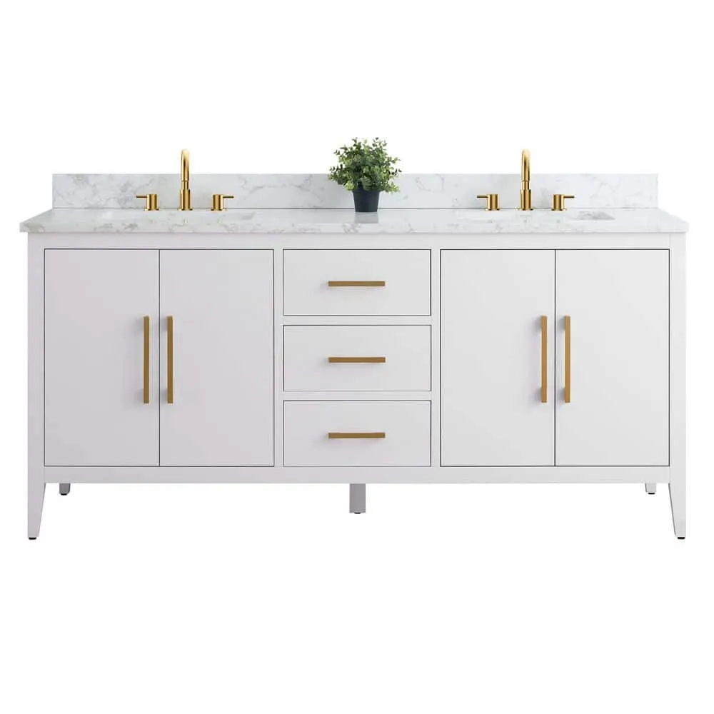 Vanity Art 72 in. W x 22 in. D x 34 in. H Double Sink Bathroom Vanity Cabinet in White with Engineered Marble Top, photo 5 of 9