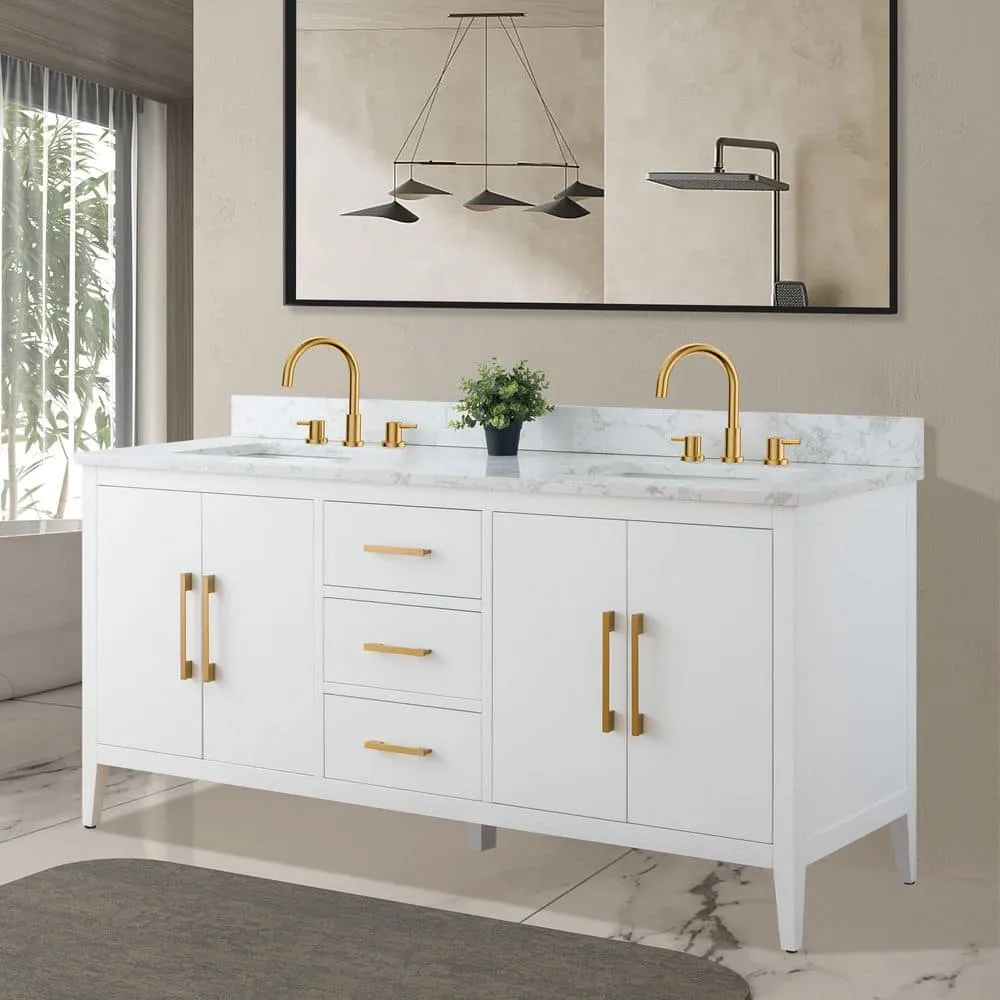 Vanity Art 72 in. W x 22 in. D x 34 in. H Double Sink Bathroom Vanity Cabinet in White with Engineered Marble Top, photo 3 of 9