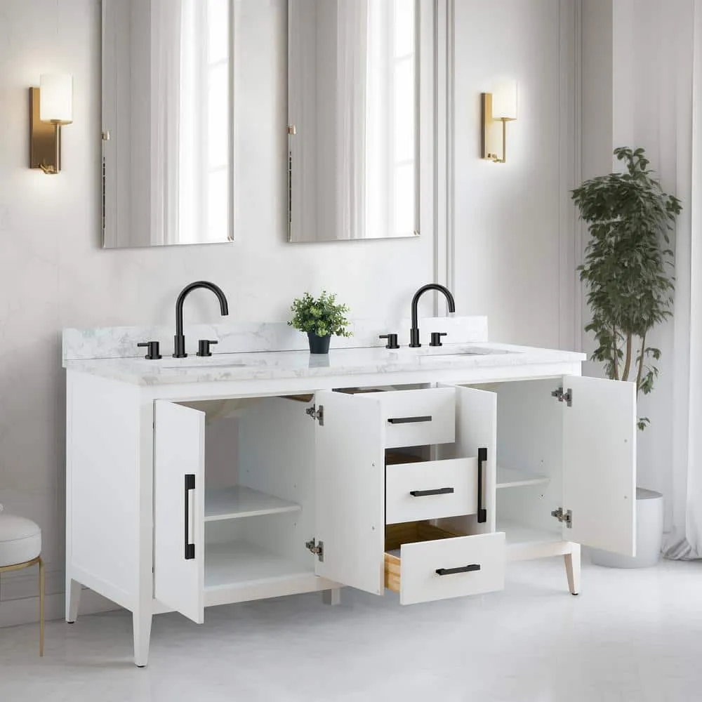 Vanity Art 72 in. W x 22 in. D x 34 in. H Double Sink Bathroom Vanity Cabinet in White with Engineered Marble Top, photo 8 of 12