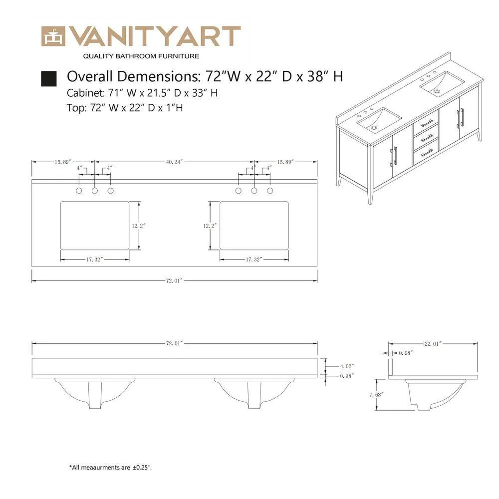Vanity Art 72 in. W x 22 in. D x 34 in. H Double Sink Bathroom Vanity Cabinet in White with Engineered Marble Top, photo 12 of 12