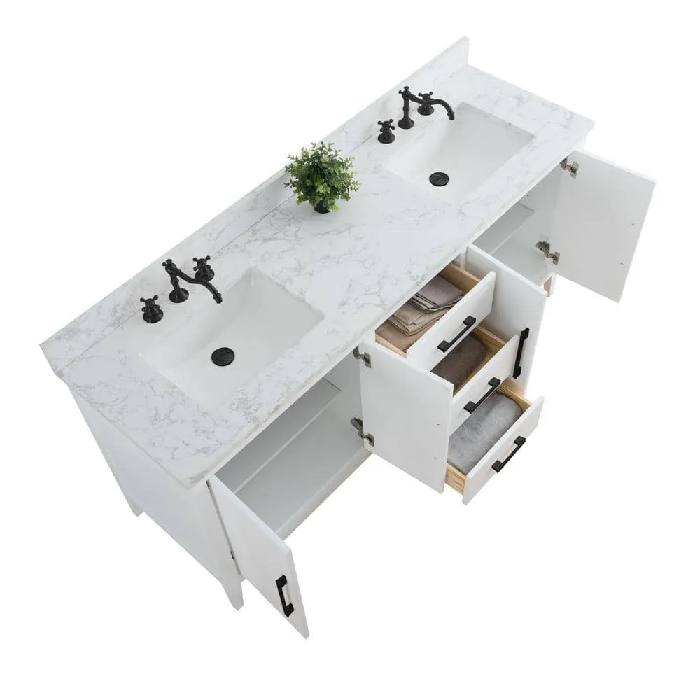 Vanity Art 72 in. W x 22 in. D x 34 in. H Double Sink Bathroom Vanity Cabinet in White with Engineered Marble Top, photo 6 of 12