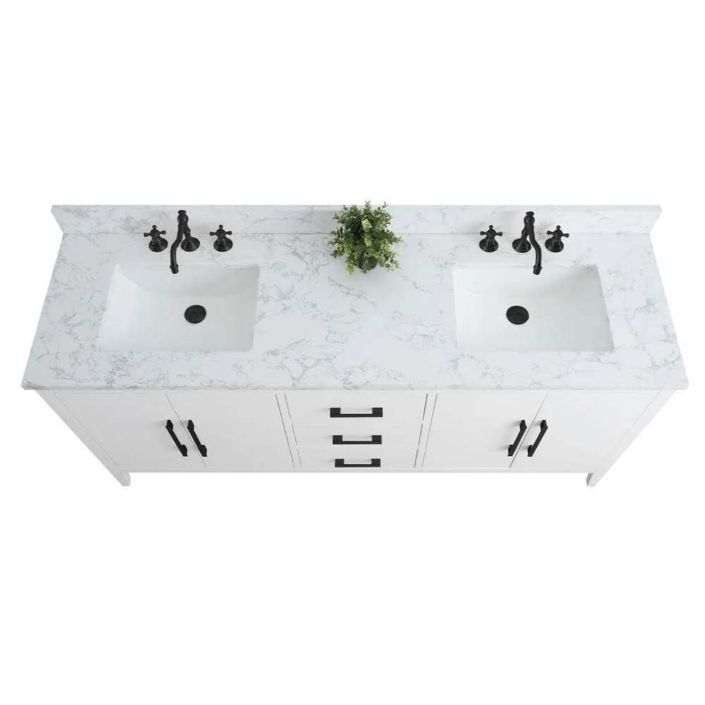 Vanity Art 72 in. W x 22 in. D x 34 in. H Double Sink Bathroom Vanity Cabinet in White with Engineered Marble Top, photo 3 of 12