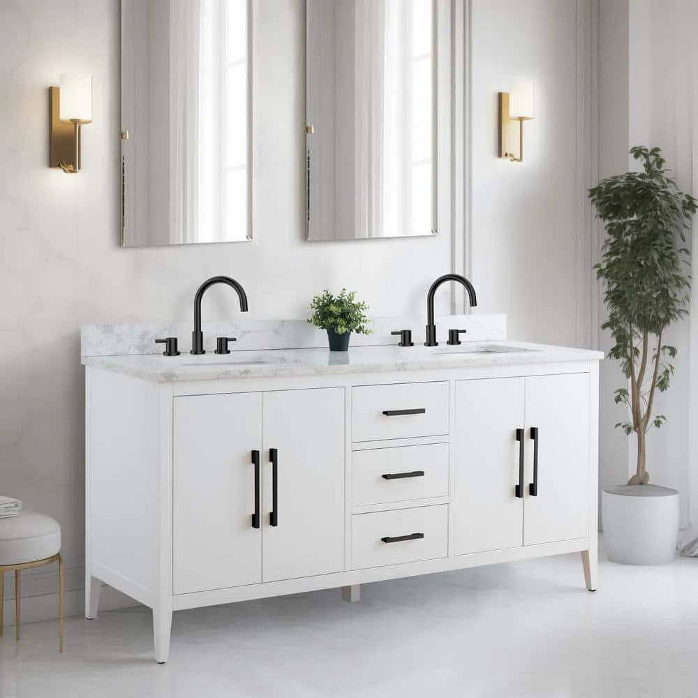 Vanity Art 72 in. W x 22 in. D x 34 in. H Double Sink Bathroom Vanity Cabinet in White with Engineered Marble Top, photo 7 of 12