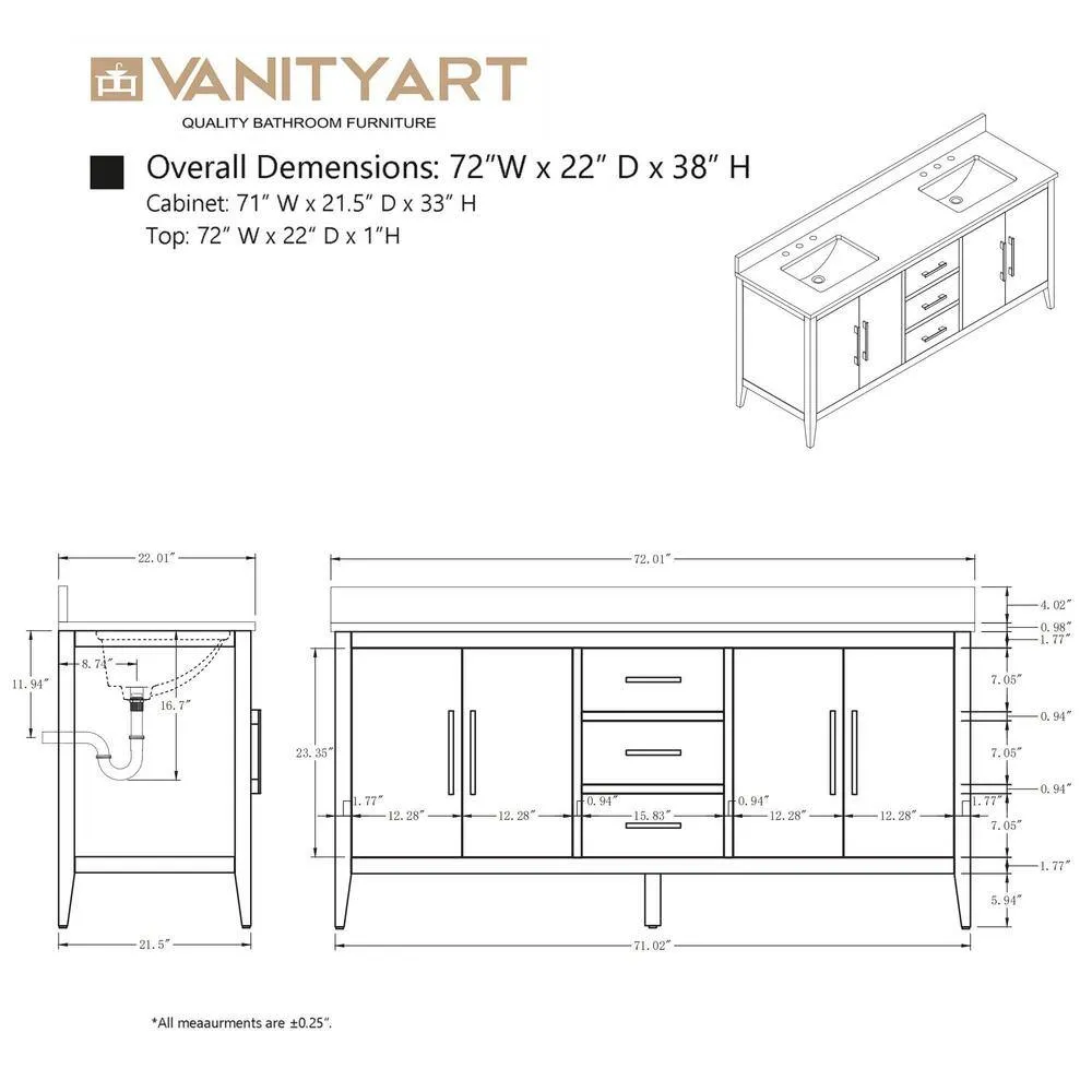 Vanity Art 72 in. W x 22 in. D x 34 in. H Double Sink Bathroom Vanity Cabinet in White with Engineered Marble Top, photo 11 of 12