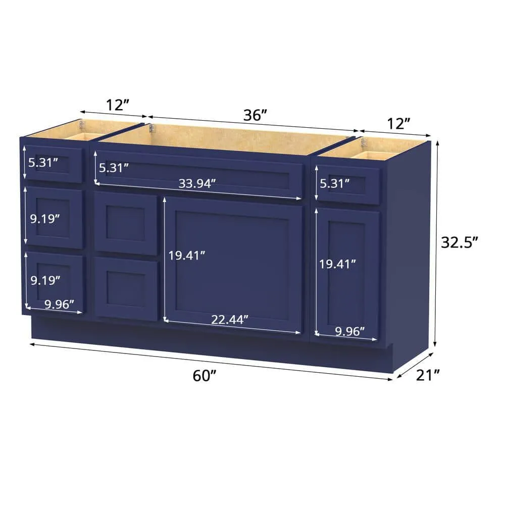 Vanity Art 60 in. W x 21 in. D x 32.5 in. H Bath Vanity Cabinet without Top in Blue, photo 8 of 9