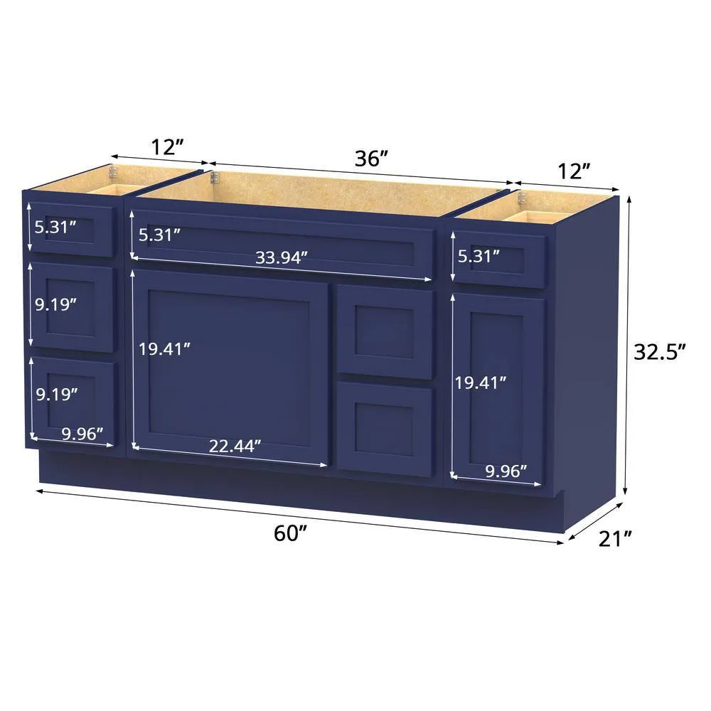 Vanity Art 60 in. W x 21 in. D x 32.5 in. H Bath Vanity Cabinet without Top in Blue, photo 9 of 9
