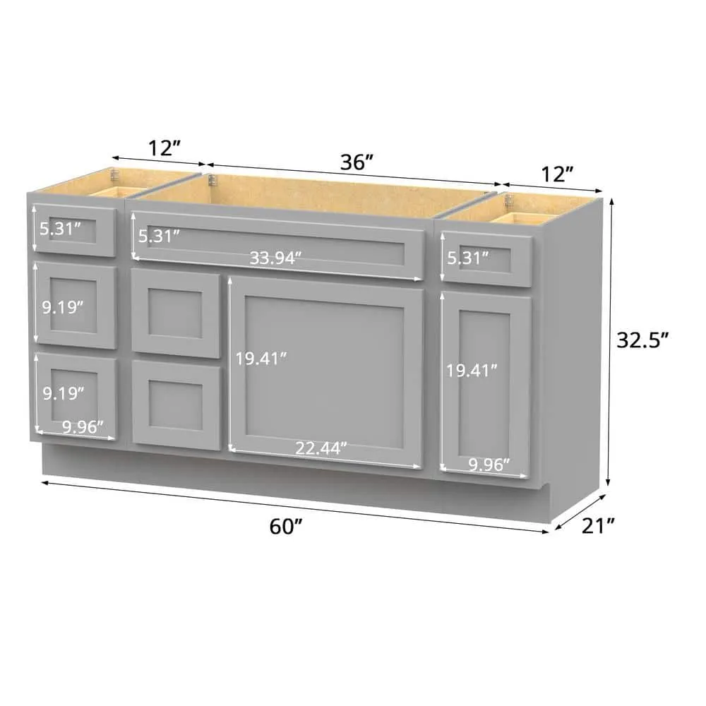 Vanity Art 60 in. W x 21 in. D x 32.5 in. H Bath Vanity Cabinet without Top in Gray, photo 9 of 9