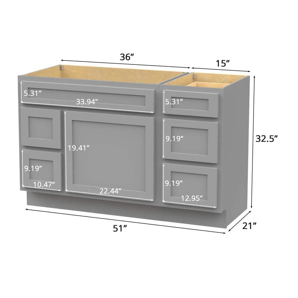 Vanity Art 51 in. W x 21 in. D x 32.5 in. H Bath Vanity Cabinet without Top in Gray, photo 6 of 9