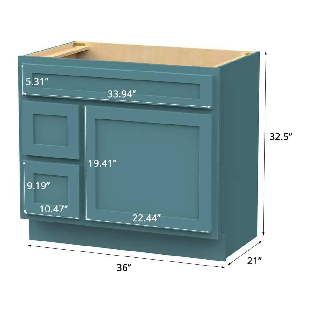 Vanity Art 36 in. W. x 21 in. D x 32.5 in. H 2-Left Drawers Bath Vanity Cabinet without Top in Sea Green, photo 3 of 7
