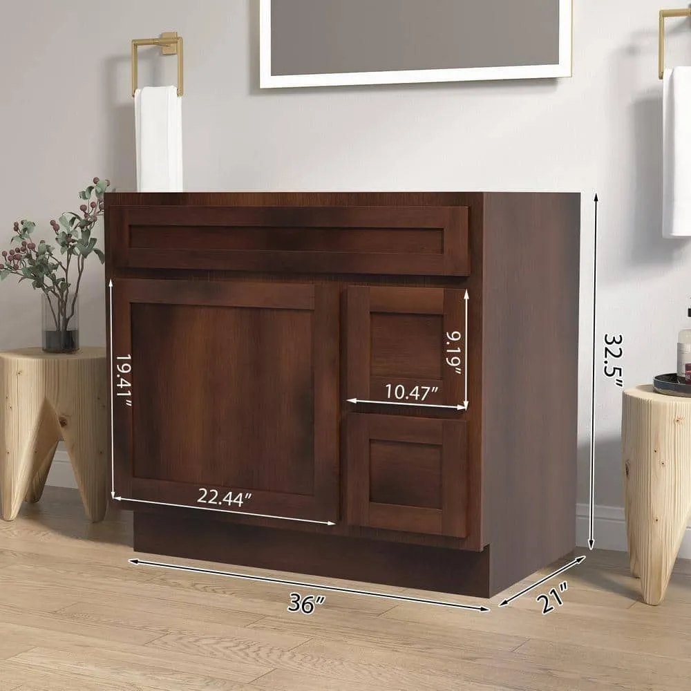 Vanity Art 36 in. W x 21 in. D x 32.5 in. H 2-Right Drawers Bath Vanity Cabinet Only in Brown, photo 3 of 12