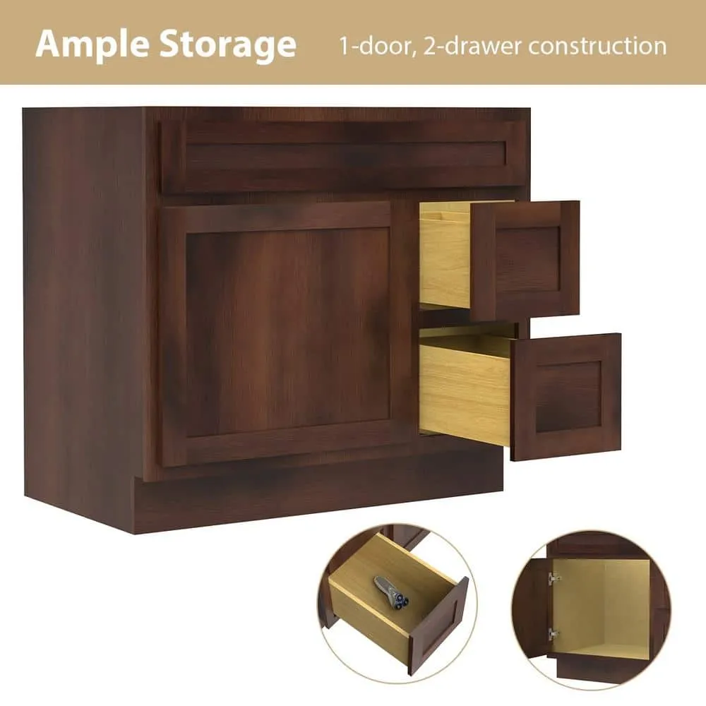 Vanity Art 36 in. W x 21 in. D x 32.5 in. H 2-Right Drawers Bath Vanity Cabinet Only in Brown, photo 6 of 12