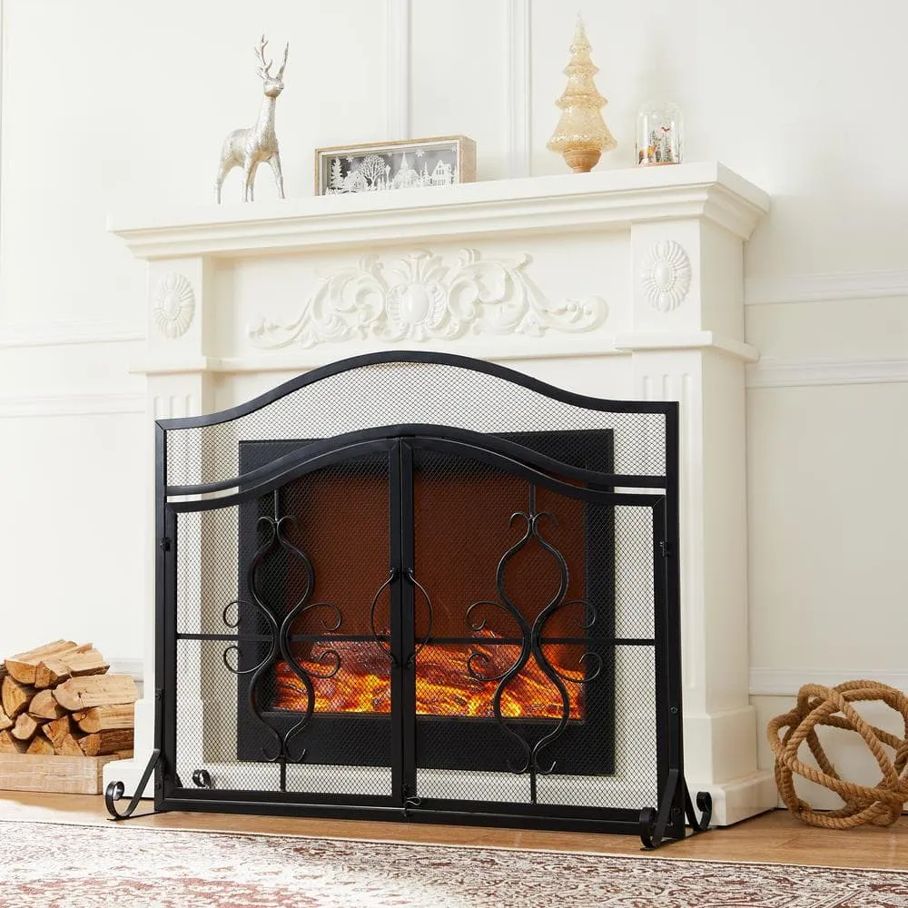 Vanity Art Brescia Black Iron 2-Panel Fireplace Screen with Decorative Filigree, photo 6 of 6