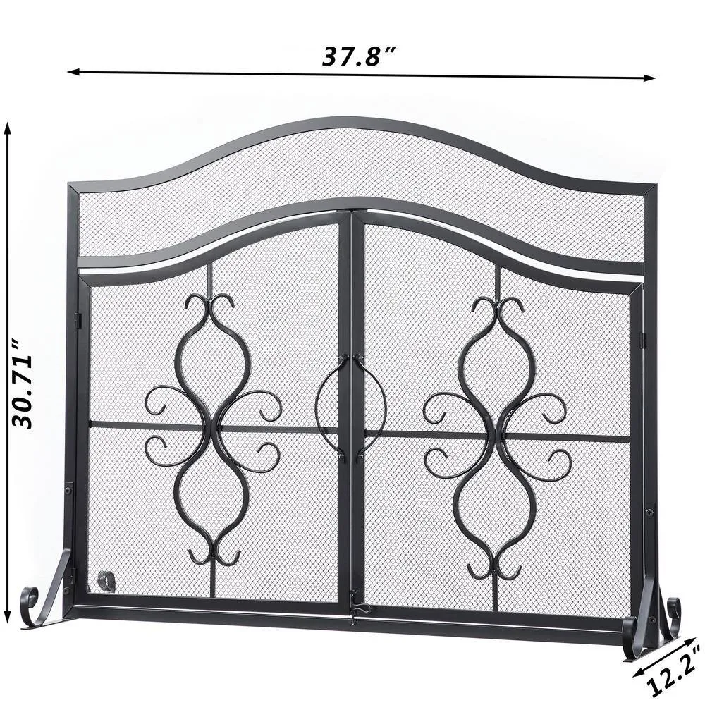 Vanity Art Brescia Black Iron 2-Panel Fireplace Screen with Decorative Filigree, photo 4 of 6