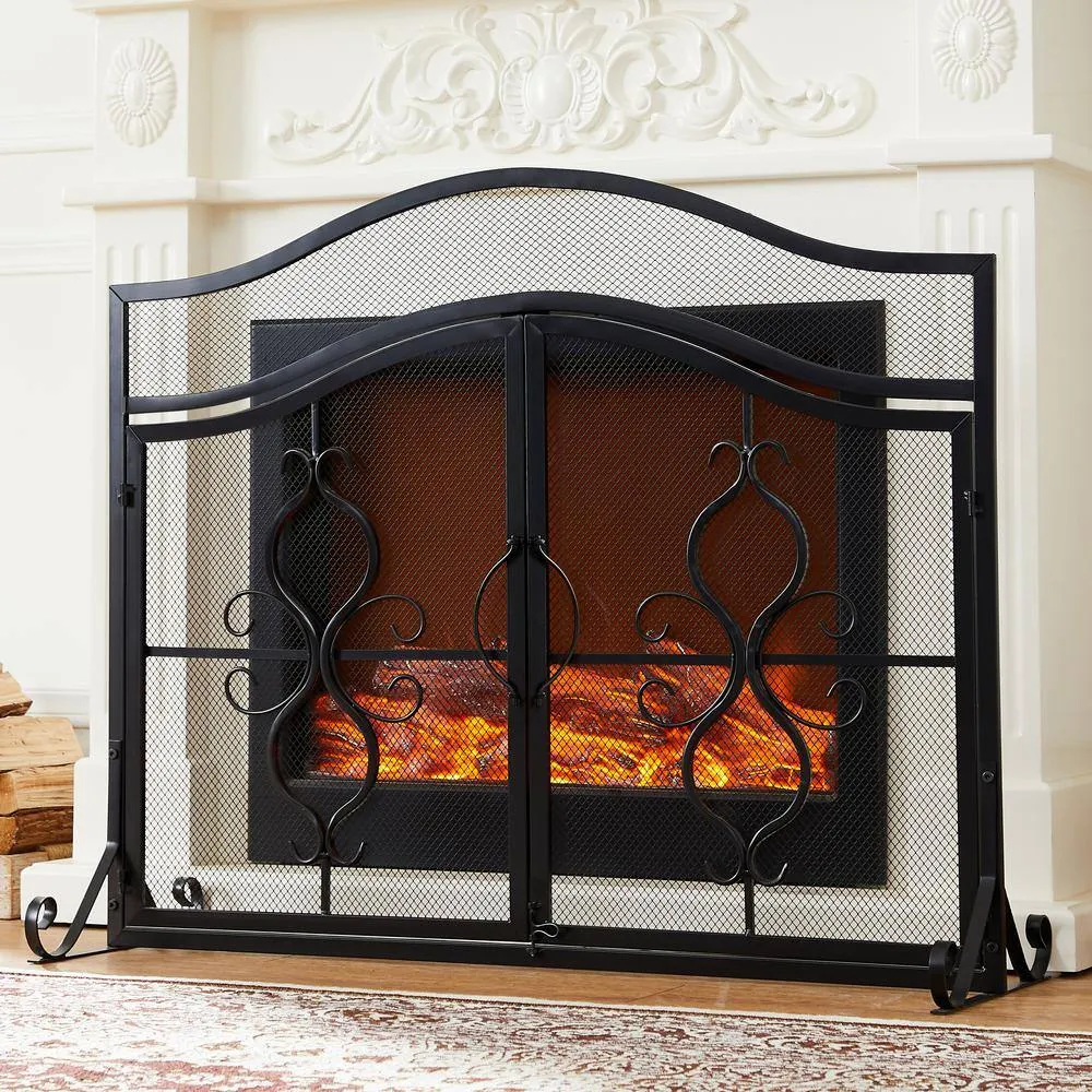 Vanity Art Brescia Black Iron 2-Panel Fireplace Screen with Decorative Filigree, photo 3 of 6