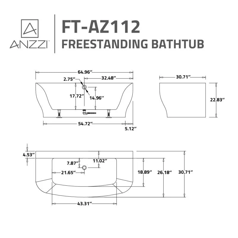 ANZZI Bank 65 in. L x 31 in. W Acrylic Flatbottom Freestanding Non-Whirlpool Bathtub with Deck-Mounted Faucet Platform, Glossy White, photo 3 of 6