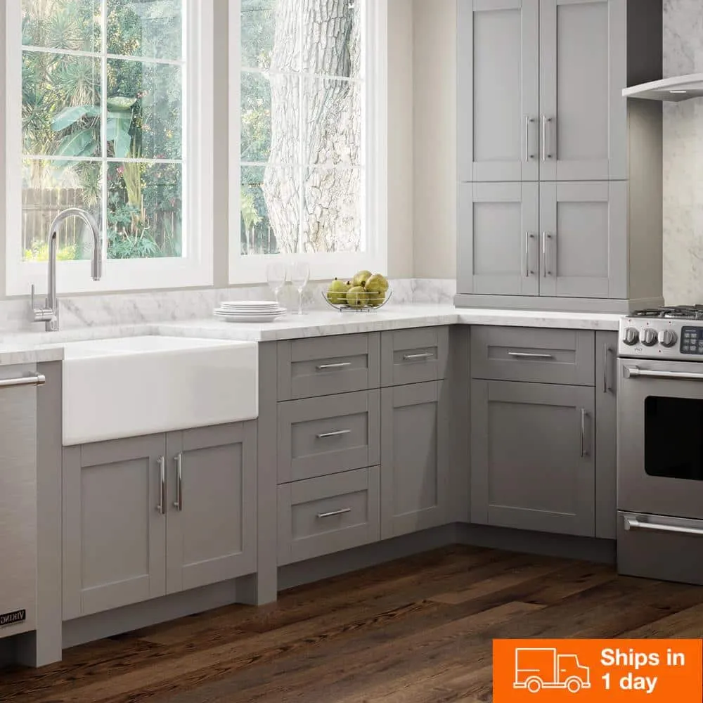 Contractor Express Cabinets Arlington Veiled Gray Plywood Shaker Stock Assembled Base Kitchen Cabinet Soft Close 36 in W x 24 in D x 34.5 in H, photo 2 of 11