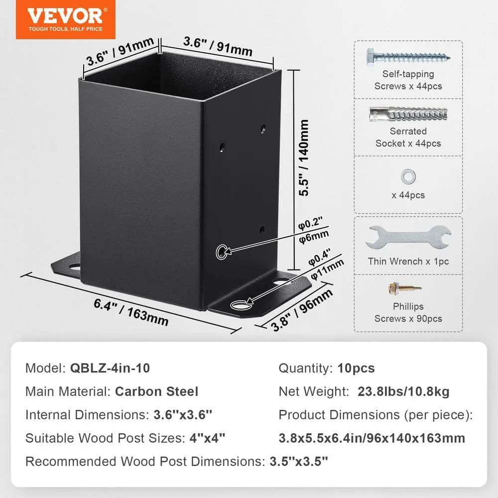 VEVOR 10-Pieces Post Base 4 in. x 4 in. Internal 3.6 in. x 3.6 in. Heavy-Duty Powder-Coated Steel Post Bracket, photo 7 of 8