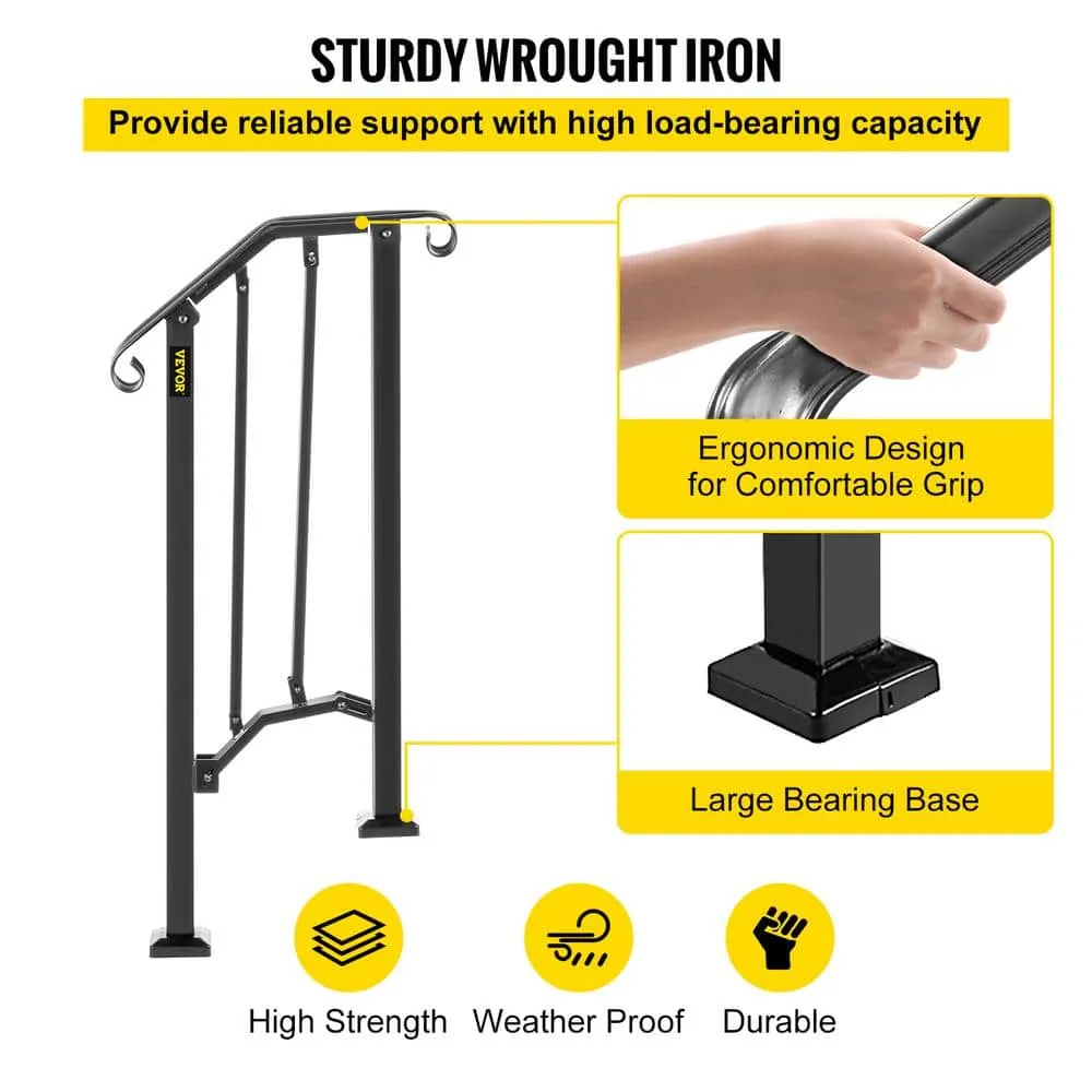 VEVOR 1 ft. Handrails for Outdoor Steps Fit 1 or 2 Steps Outdoor Stair Railing Wrought Iron Handrail with baluster, Black, photo 6 of 9