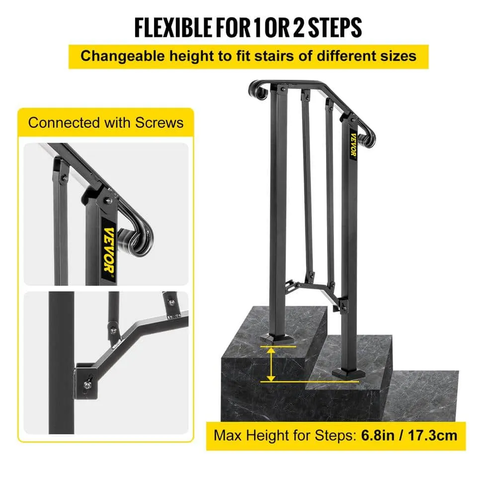 VEVOR 1 ft. Handrails for Outdoor Steps Fit 1 or 2 Steps Outdoor Stair Railing Wrought Iron Handrail with baluster, Black, photo 5 of 9
