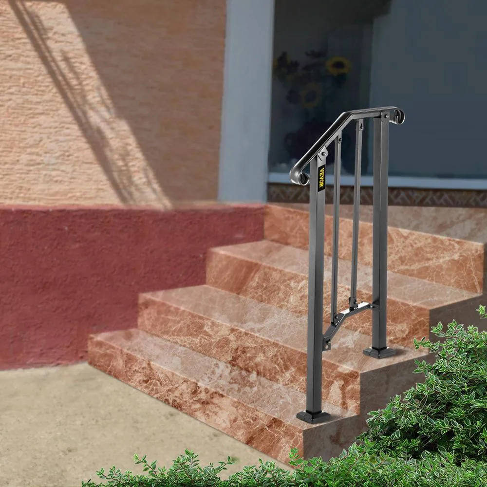 VEVOR 1 ft. Handrails for Outdoor Steps Fit 1 or 2 Steps Outdoor Stair Railing Wrought Iron Handrail with baluster, Black, photo 9 of 9
