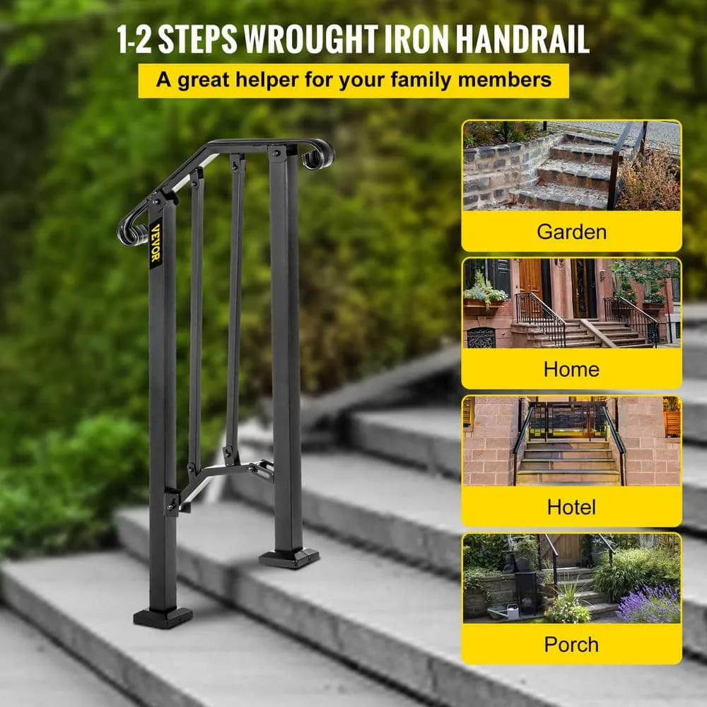 VEVOR 1 ft. Handrails for Outdoor Steps Fit 1 or 2 Steps Outdoor Stair Railing Wrought Iron Handrail with baluster, Black, photo 4 of 9