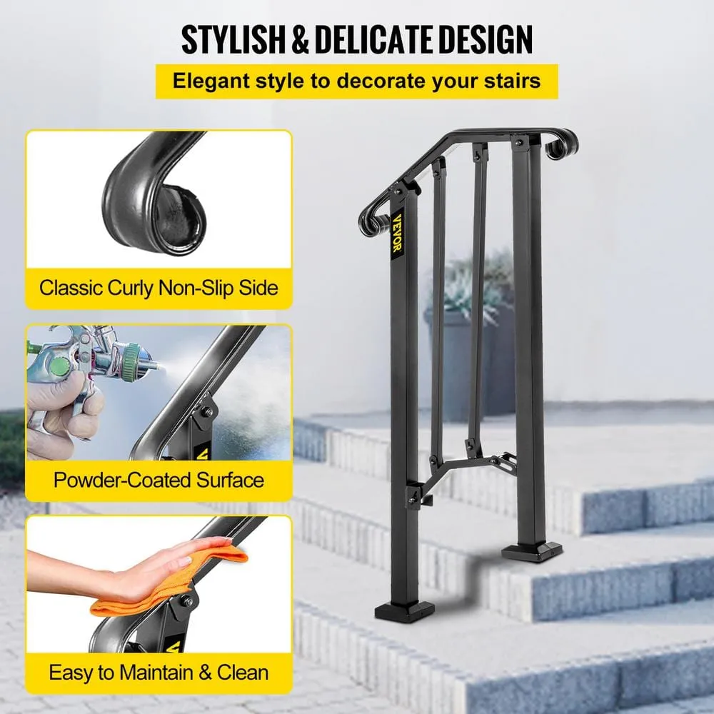 VEVOR 1 ft. Handrails for Outdoor Steps Fit 1 or 2 Steps Outdoor Stair Railing Wrought Iron Handrail with baluster, Black, photo 8 of 9