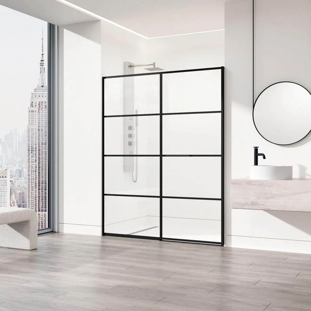 VIGO Meridian 59 1/2 to 60 in. W x 74 in. H Hinged Shower Door in Matte Black and Clear Grid Glass, photo 5 of 14