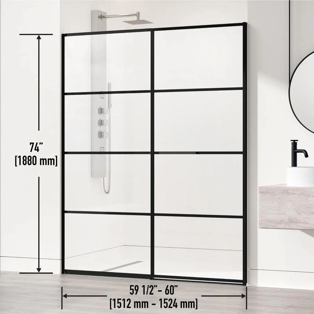 VIGO Meridian 59 1/2 to 60 in. W x 74 in. H Hinged Shower Door in Matte Black and Clear Grid Glass, photo 3 of 14