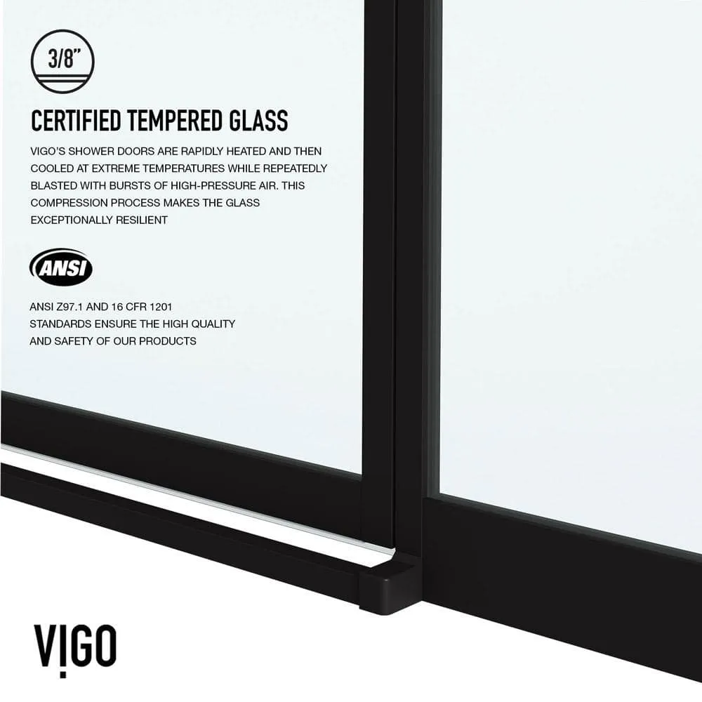 VIGO Meridian 59 1/2 to 60 in. W x 74 in. H Hinged Shower Door in Matte Black and Clear Grid Glass, photo 9 of 14