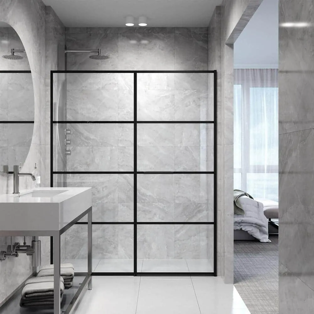 VIGO Meridian 59 1/2 to 60 in. W x 74 in. H Hinged Shower Door in Matte Black and Clear Grid Glass, photo 7 of 14