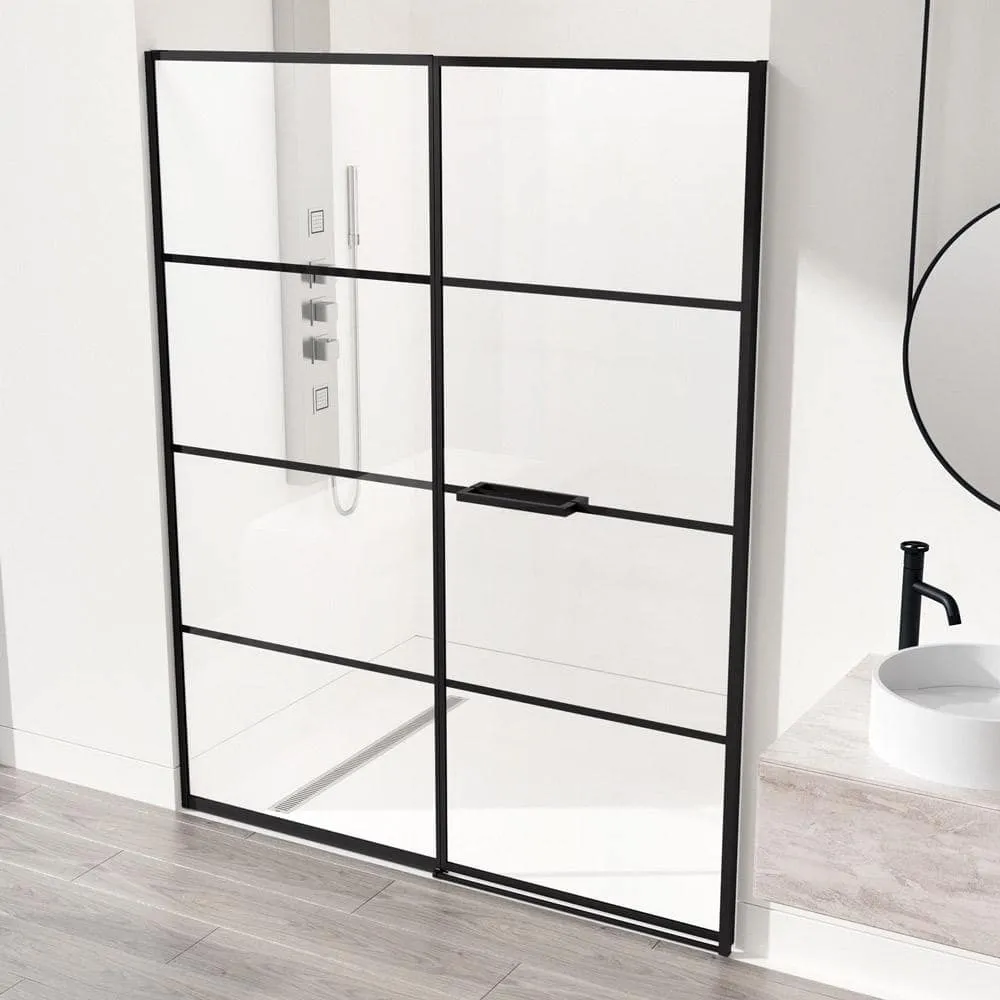 VIGO Meridian 59 1/2 to 60 in. W x 74 in. H Hinged Shower Door in Matte Black and Clear Grid Glass, photo 2 of 14