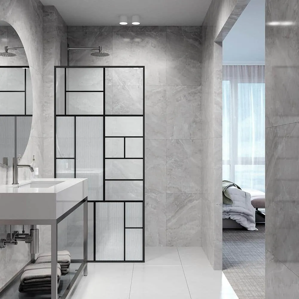 VIGO Meridian 34 in W x 74 in H Framed Shower Screen in Matte Black with Mixed Clear Grid, Privacy, and Fluto White Glass, photo 3 of 11