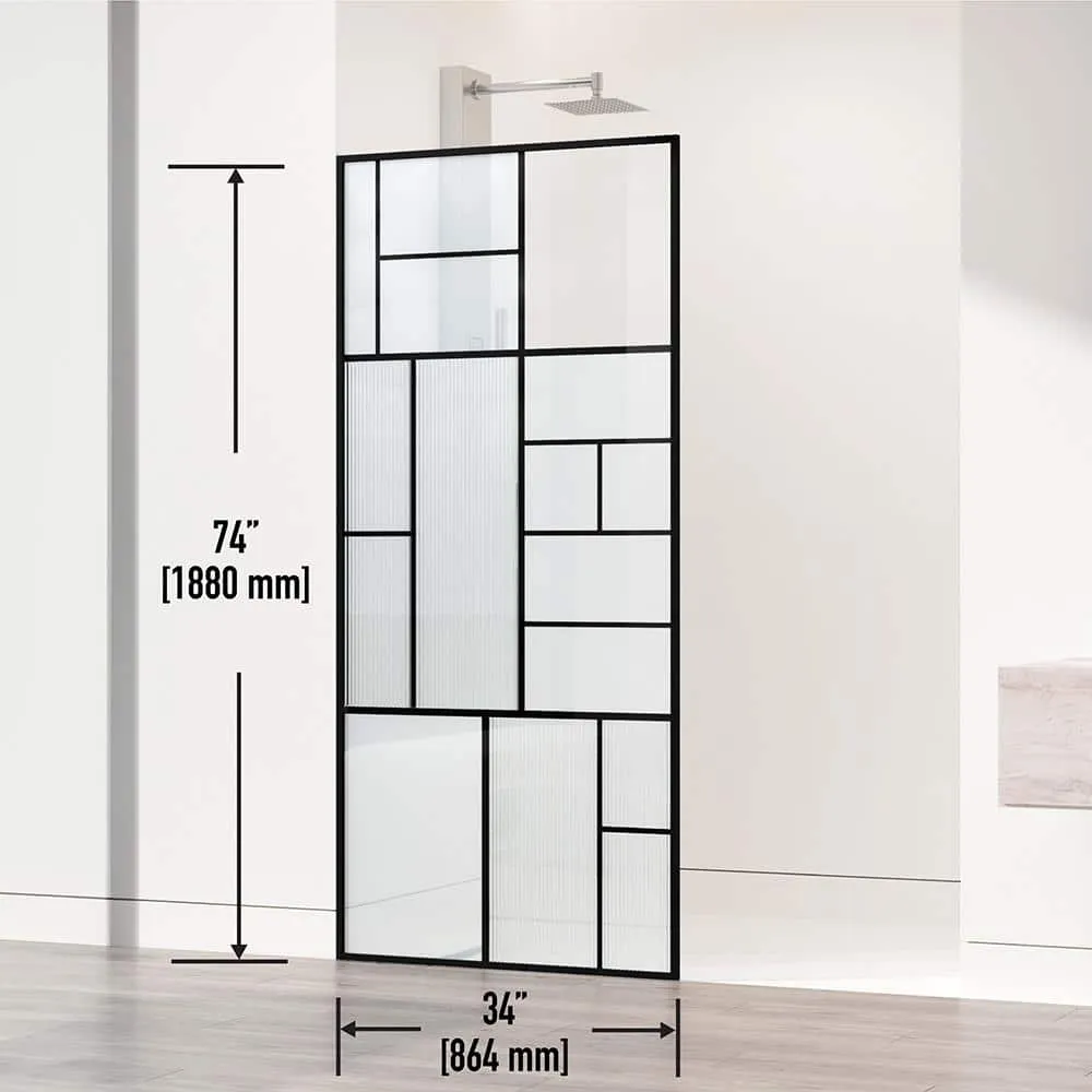 VIGO Meridian 34 in W x 74 in H Framed Shower Screen in Matte Black with Mixed Clear Grid, Privacy, and Fluto White Glass, photo 11 of 11