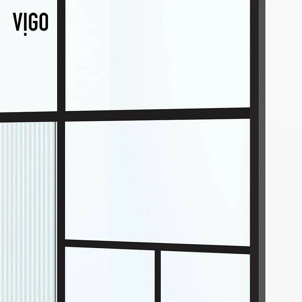 VIGO Meridian 34 in W x 74 in H Framed Shower Screen in Matte Black with Mixed Clear Grid, Privacy, and Fluto White Glass, photo 8 of 11