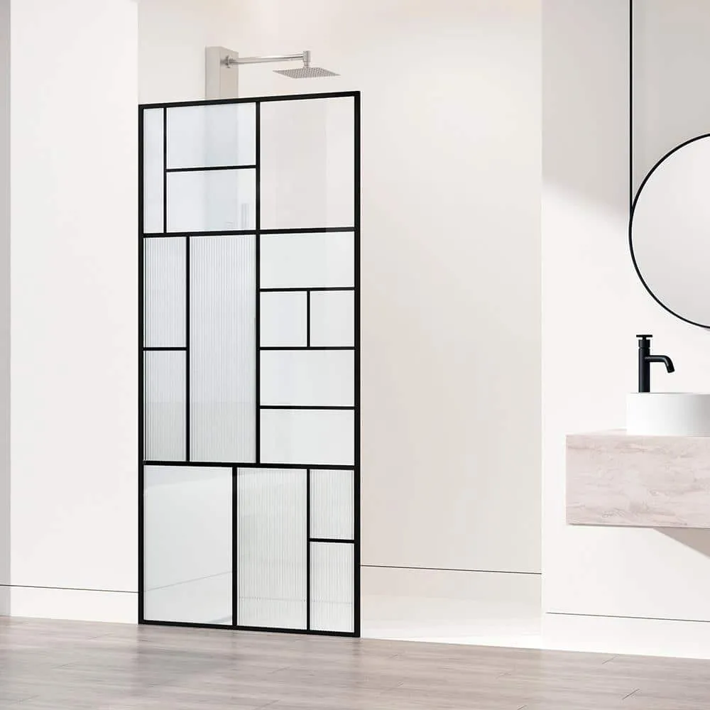 VIGO Meridian 34 in W x 74 in H Framed Shower Screen in Matte Black with Mixed Clear Grid, Privacy, and Fluto White Glass, photo 4 of 11