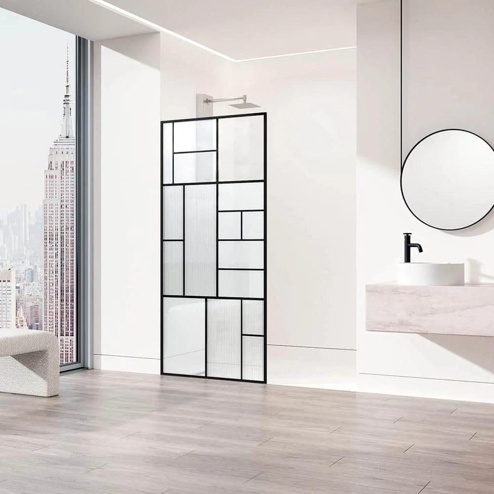 VIGO Meridian 34 in W x 74 in H Framed Shower Screen in Matte Black with Mixed Clear Grid, Privacy, and Fluto White Glass, photo 2 of 11