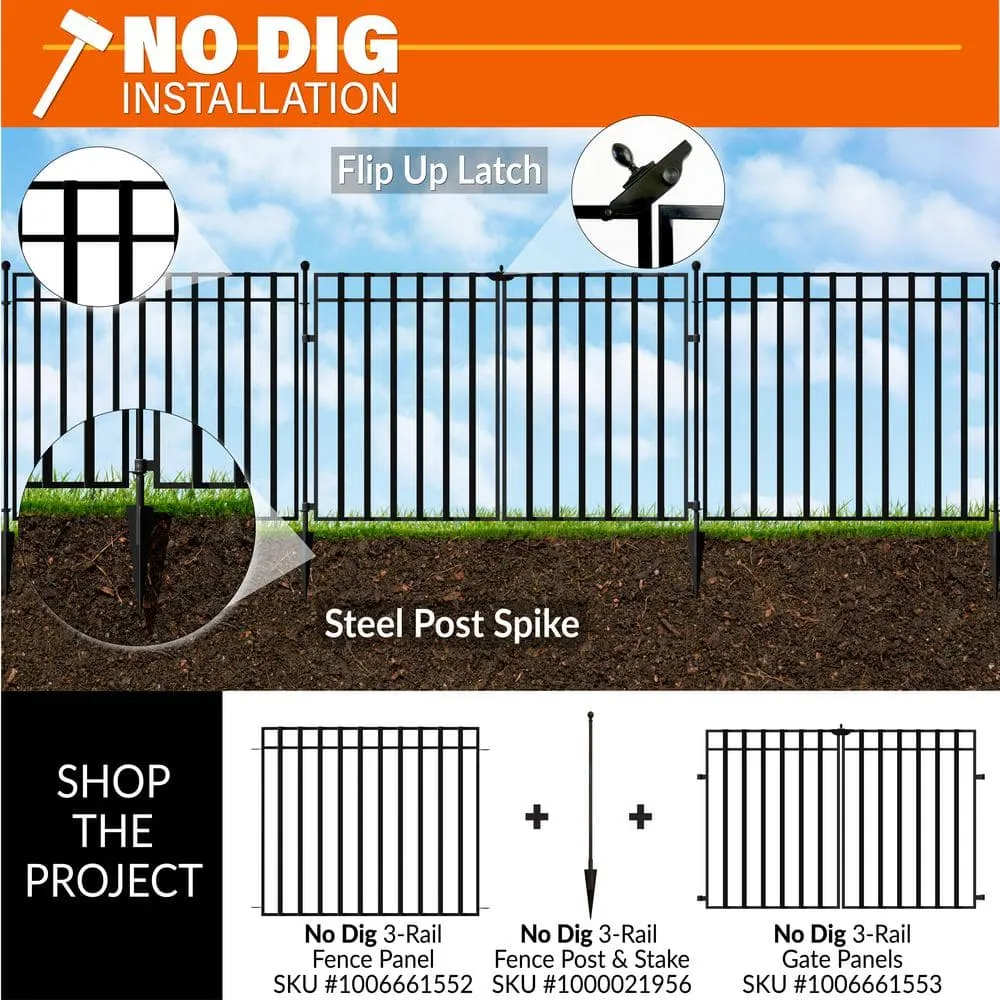 Vigoro 37.2 in. H x 42.87 in. W Black Powder-Coated Steel 3-Rail No Dig Garden Fence Panel, 4-Pack, photo 4 of 6