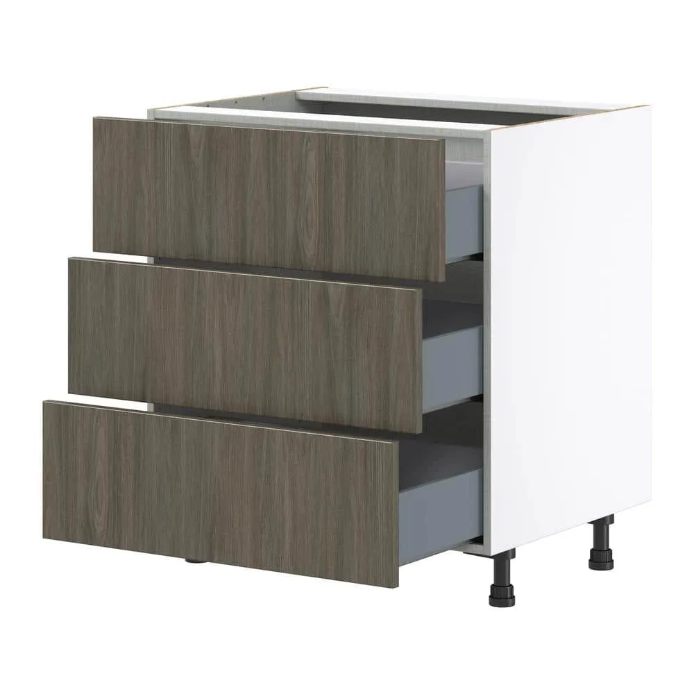 J COLLECTION 30 in. W x 34.5 in. H x 24 in. D Medora textured Slab Walnut Assembled Base Kitchen Cabinet with Three 10 in. Drawers, photo 6 of 8