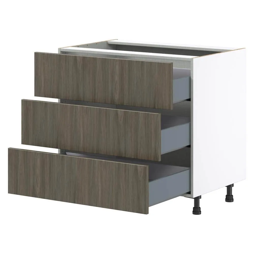 J COLLECTION 36 in. W x 34.5 in. H x 24 in. D Medora textured Slab Walnut Assembled Base Kitchen Cabinet with Three 10 in. Drawers, photo 6 of 8