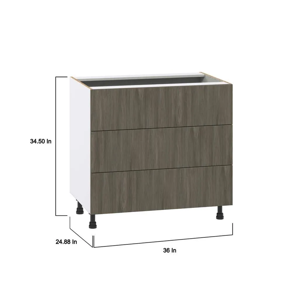J COLLECTION 36 in. W x 34.5 in. H x 24 in. D Medora textured Slab Walnut Assembled Base Kitchen Cabinet with Three 10 in. Drawers, photo 4 of 8
