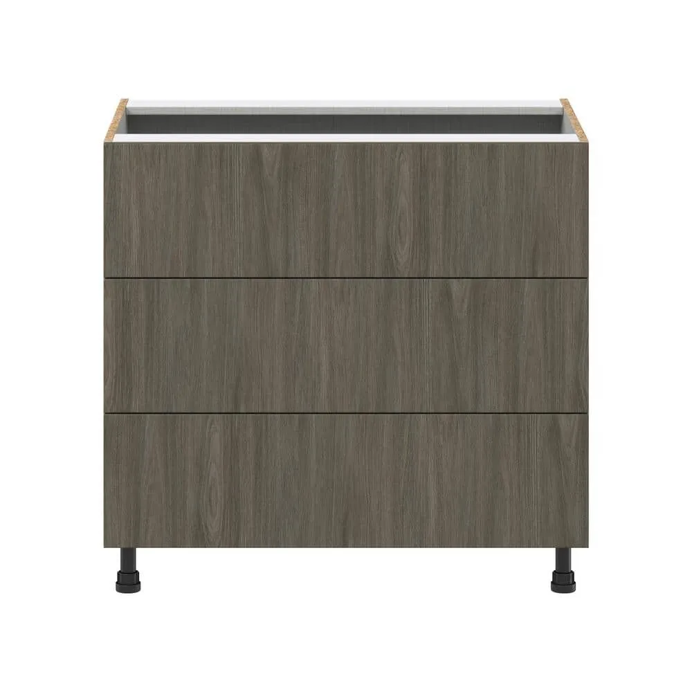 J COLLECTION 36 in. W x 34.5 in. H x 24 in. D Medora textured Slab Walnut Assembled Base Kitchen Cabinet with Three 10 in. Drawers, photo 7 of 8