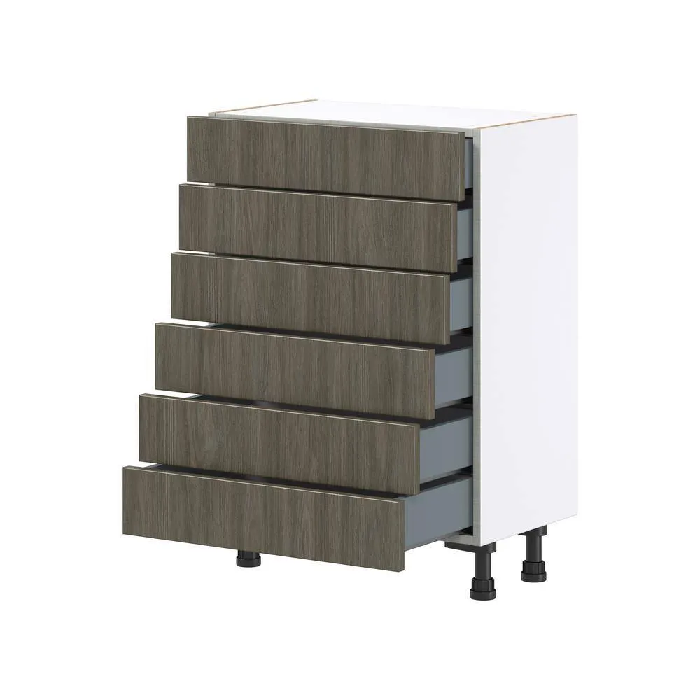 J COLLECTION 24 in. W x 34.5 in. H x 14 in. D Medora textured Slab Walnut Assembled Shallow Base Kitchen Cabinet with 6 Drawers, photo 6 of 8