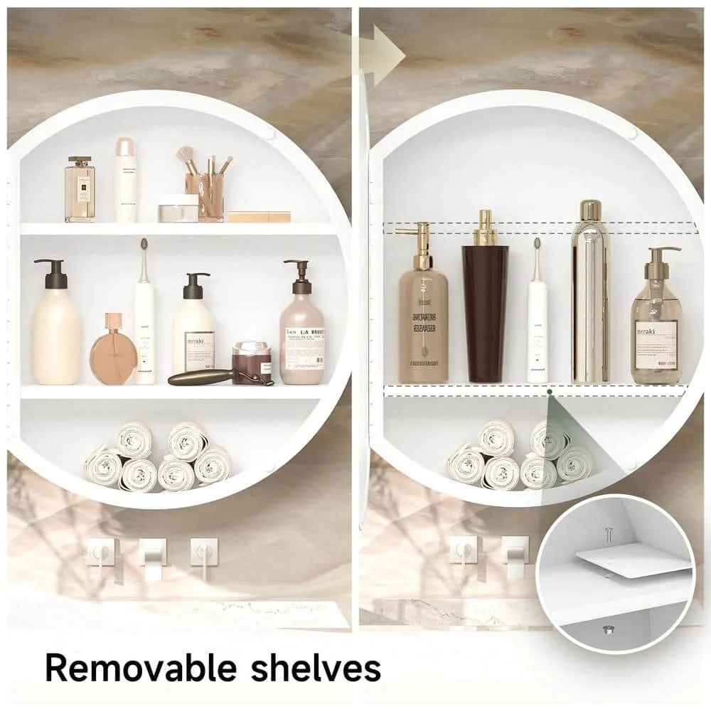 KeonJinn 20 in. W x 20 in. H Round White Metal Framed Recessed/Surface Mount Medicine Cabinet with Mirror, photo 6 of 8