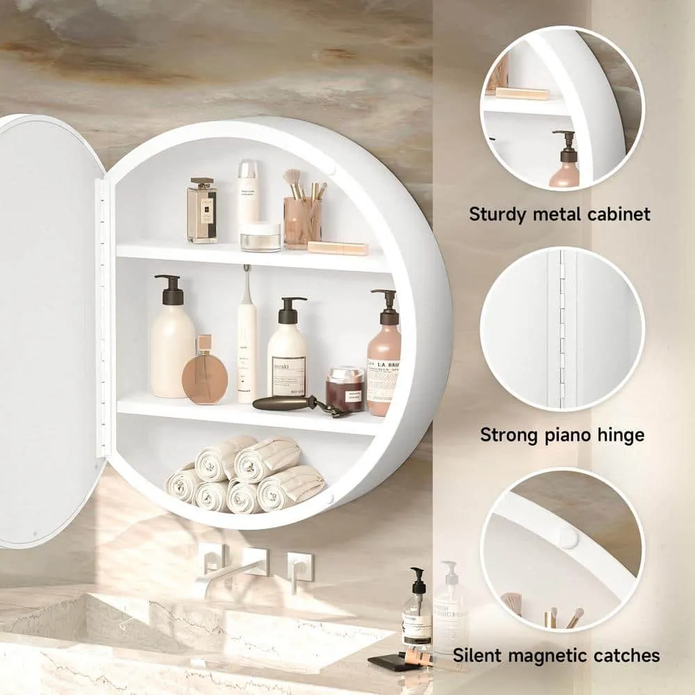 KeonJinn 20 in. W x 20 in. H Round White Metal Framed Recessed/Surface Mount Medicine Cabinet with Mirror, photo 4 of 8