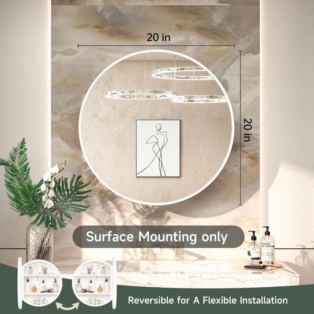 KeonJinn 20 in. W x 20 in. H Round White Metal Framed Recessed/Surface Mount Medicine Cabinet with Mirror, photo 7 of 8
