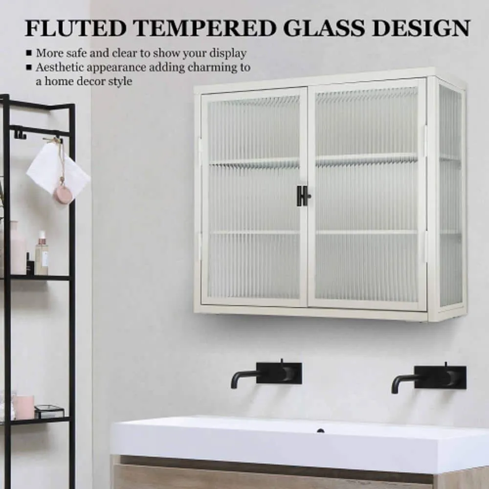 Adrinfly 27.60 in. L x 9.10 in. H x 23.60 in. W Double Glass Door Assembled Wall Cabinet with Detachable Shelves in White, photo 2 of 7