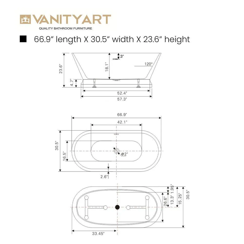 Vanity Art Versailles 67 in. x 31 in. Acrylic Freestanding Soaking Bathtub with Center Drain in White/Brushed Nickel, photo 4 of 6