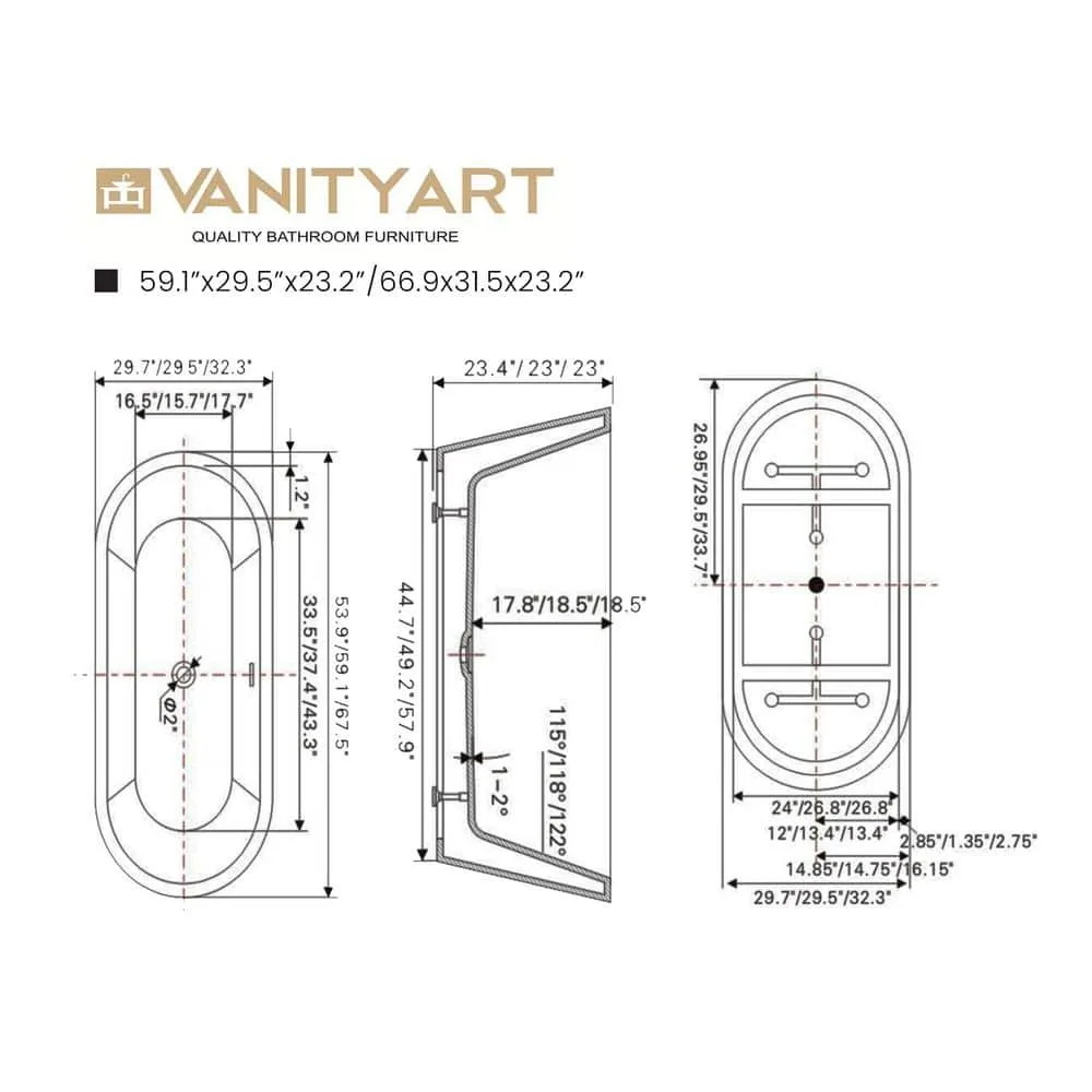 Vanity Art Bordeaux 67 in. Acrylic Flatbottom Freestanding Bathtub in White/Brushed Nickel, photo 3 of 6