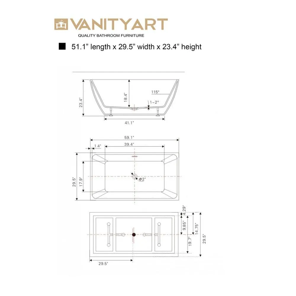 Vanity Art Montpellier 59 in. L x 30 in. W Acrylic Flatbottom Freestanding Bathtub in White/Brushed Nickel, photo 10 of 11